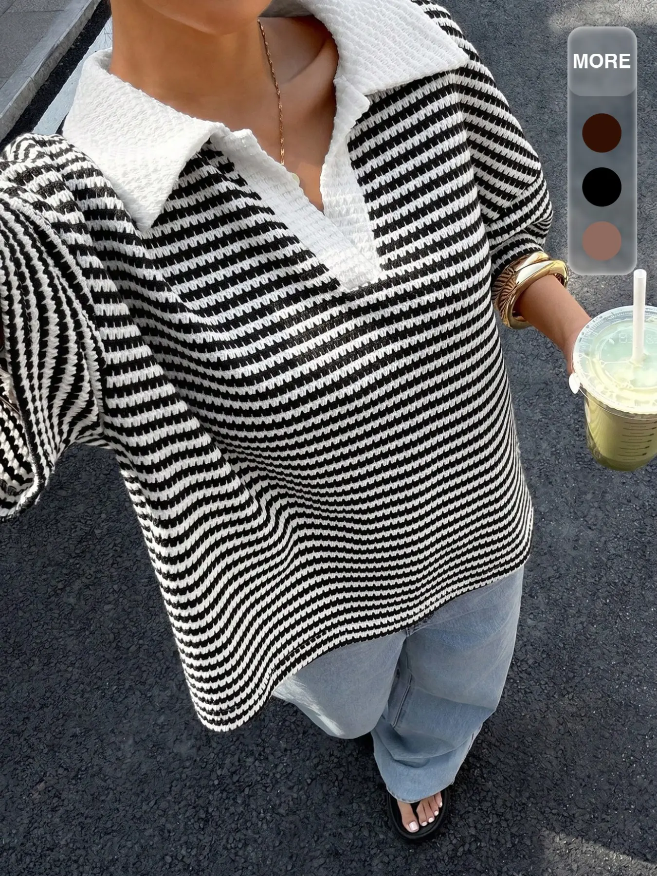 Women’s Striped Knit Polo Top, Short Sleeve Collared Sweater Shirt with Relaxed Fit and Soft Textured Fabric, Elegant Casual Top for Everyday Wear