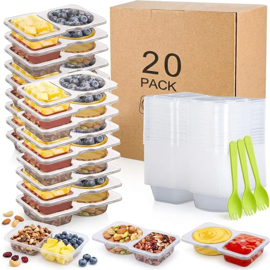 4.5oz Compact PP5 Plastic Reusable Snack Containers with Lids - 20-Pack Double Compartment Portion Cups with 20 Forks, Leakproof, Microwave & Freezer Safe for Lunch, Travel