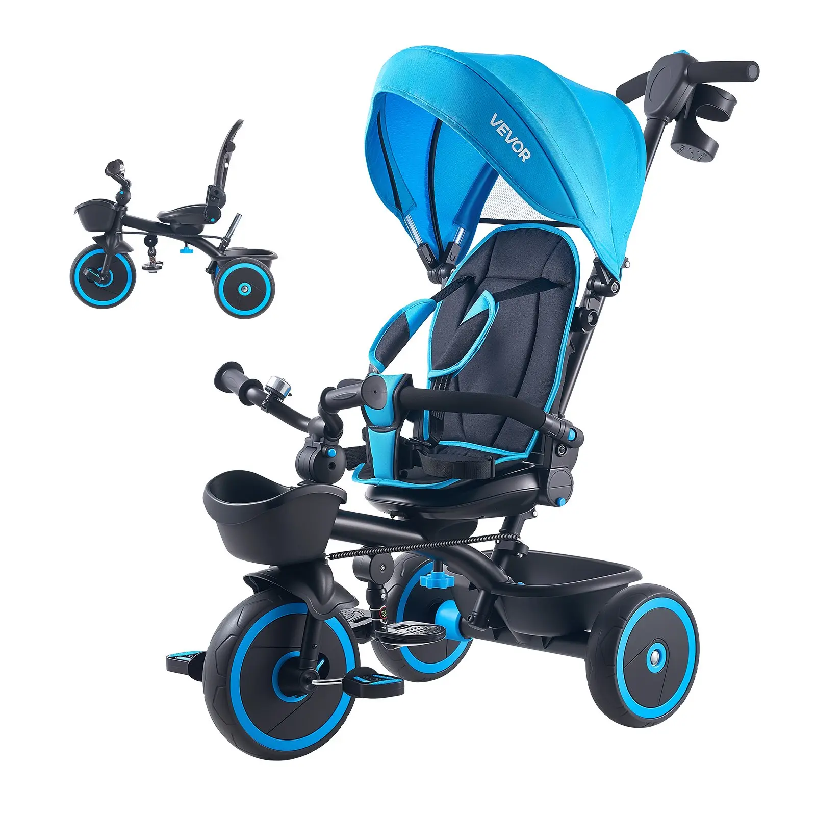 VEVOR 6-in-1 Carbon Steel CE Certified Toddler Tricycle-Stroller, Ages 1-5, with Parent Push Handle, Canopy, Height-Adjust Seat, Storage, Multi-Mode Birthday Toy for Kids, Blue/Black