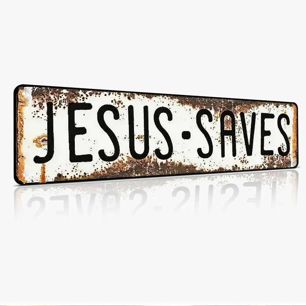 Jesus Saves Vintage Long Metal Sign, 4"x16", Rust-Proof Aluminum, Distressed Rusted White Farmhouse Wall Art, Faith Christian Religious Decor, For Porch & Entryway Display, Believers & Christian Families, Perfect Baptism Housewarming Gift