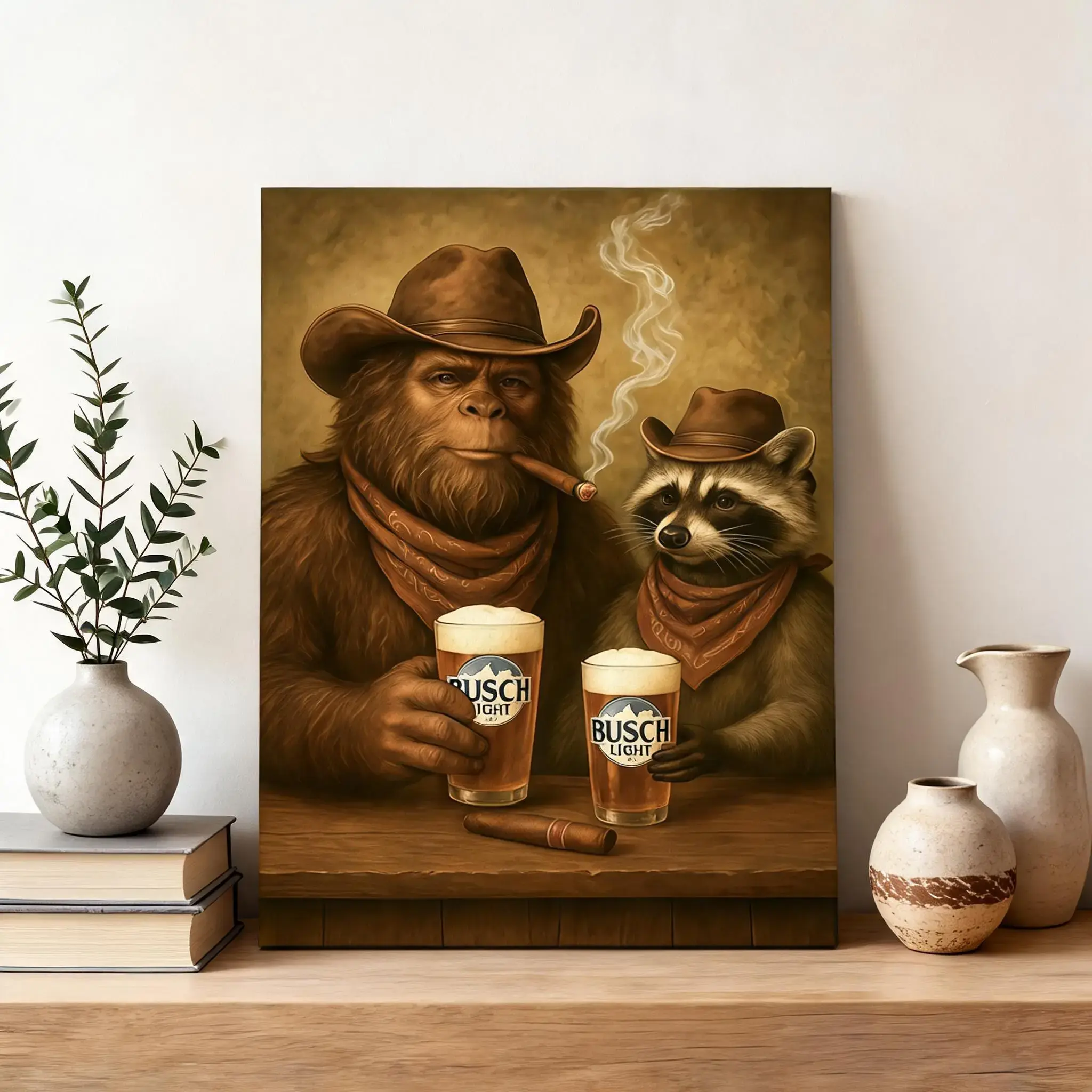 Wooden Frame Canvas Poster, Western Cowboy Style Bigfoot & Raccoon Bar Decor, Modern Home Art, Waterproof, Living Room Decoration