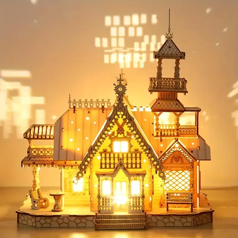 3D Wooden Architectural Model, 1 Box Creative Luminous House with Lights, DIY Assembly House Model, Birthday Gift, Holiday Party Gift, DIY Building Model