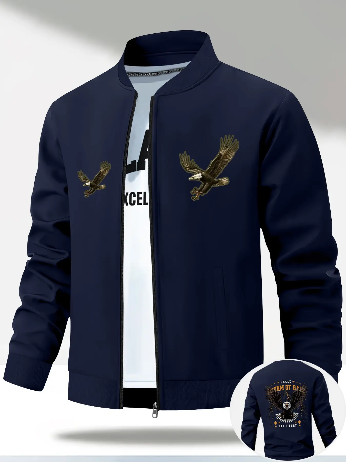 Stand Collar Zipper Baseball Jacket, Eagle Pattern Design, Geometric Style, Loose Fit, Long Sleeve, All Seasons Outerwear