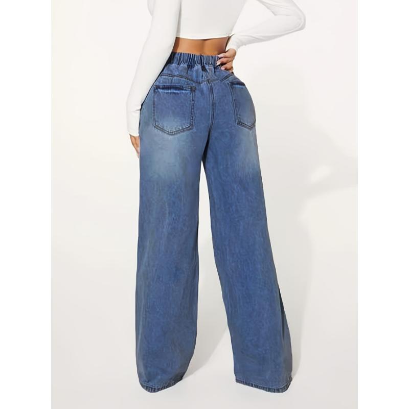 NewWomen's Jeans Chic Womens Blue Drawstring Jeans - Comfort Elastic Waist, Relaxed Baggy Style, Distressed Washed Wide Legs - Premium Denim Clothing