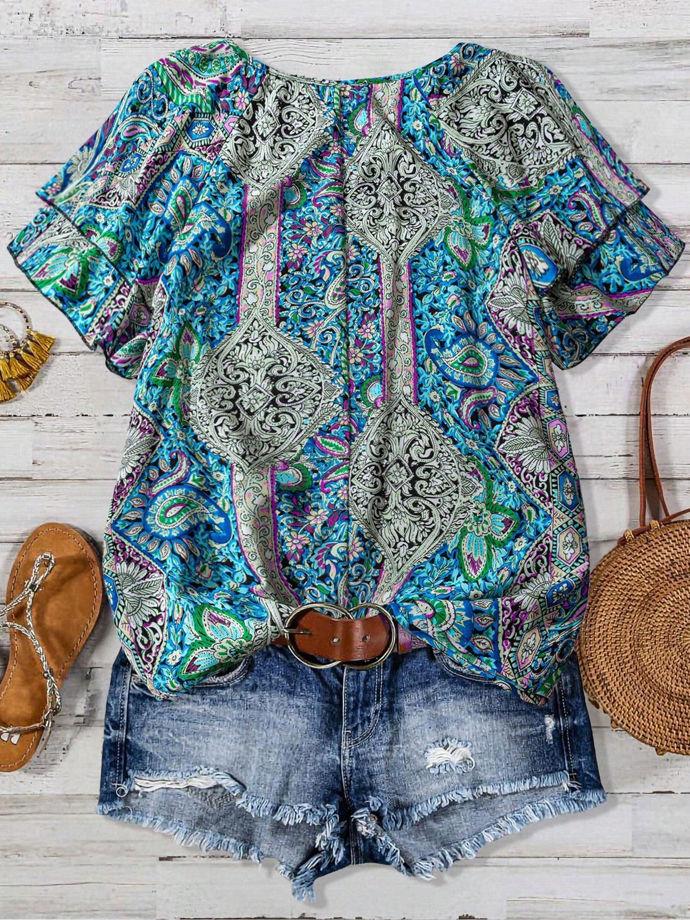 【Plus Size】 Paisley Print Blouse, Boho Casual Short Sleeve Top for Daily Holiday Vacation Wear, Women Plus Clothing for Summer