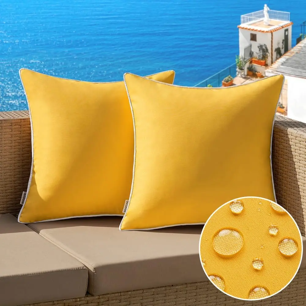 Pack of 2 Outdoor Waterproof Pillow Covers Decorative Farmhouse Spring Throw Pillow Covers Square Solid Color Couch Pillow Covers for Patio Tent Bed Sofa Living Room 18x18 Inch Yellow