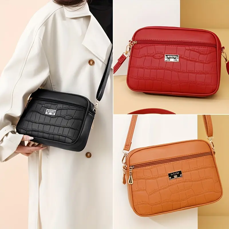 Crocodile pattern embossed fashion shoulder and crossbody bag for women, large capacity handbag for middle-aged ladies