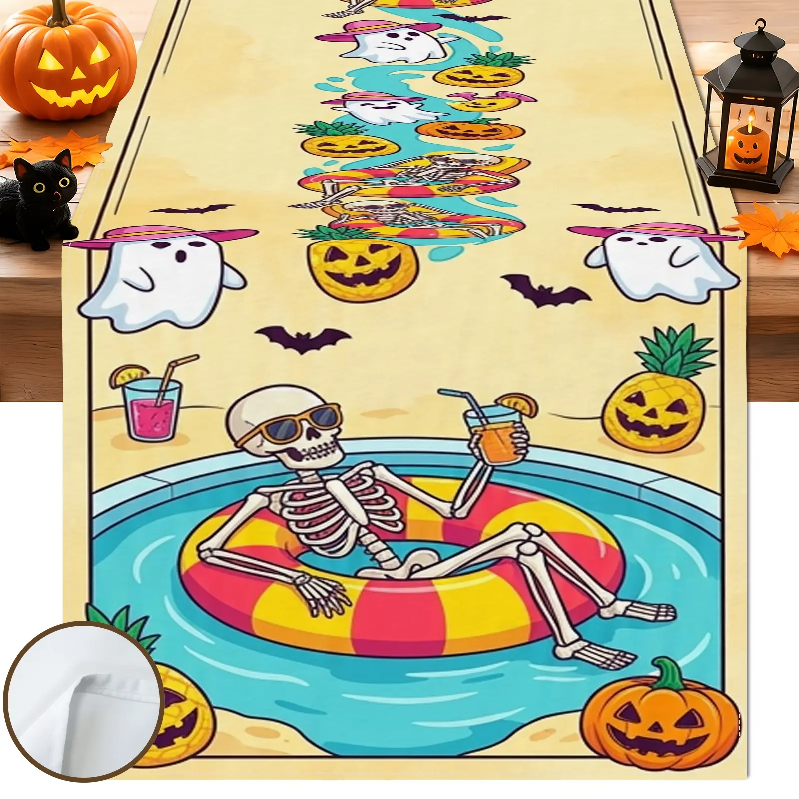 1pc Skeleton Ghost Pumpkin Table Runner, Cute Halloween Style, Colorful Seasonal Graphic Print, for Dining Table Halloween Party Home Decor Fall Decor