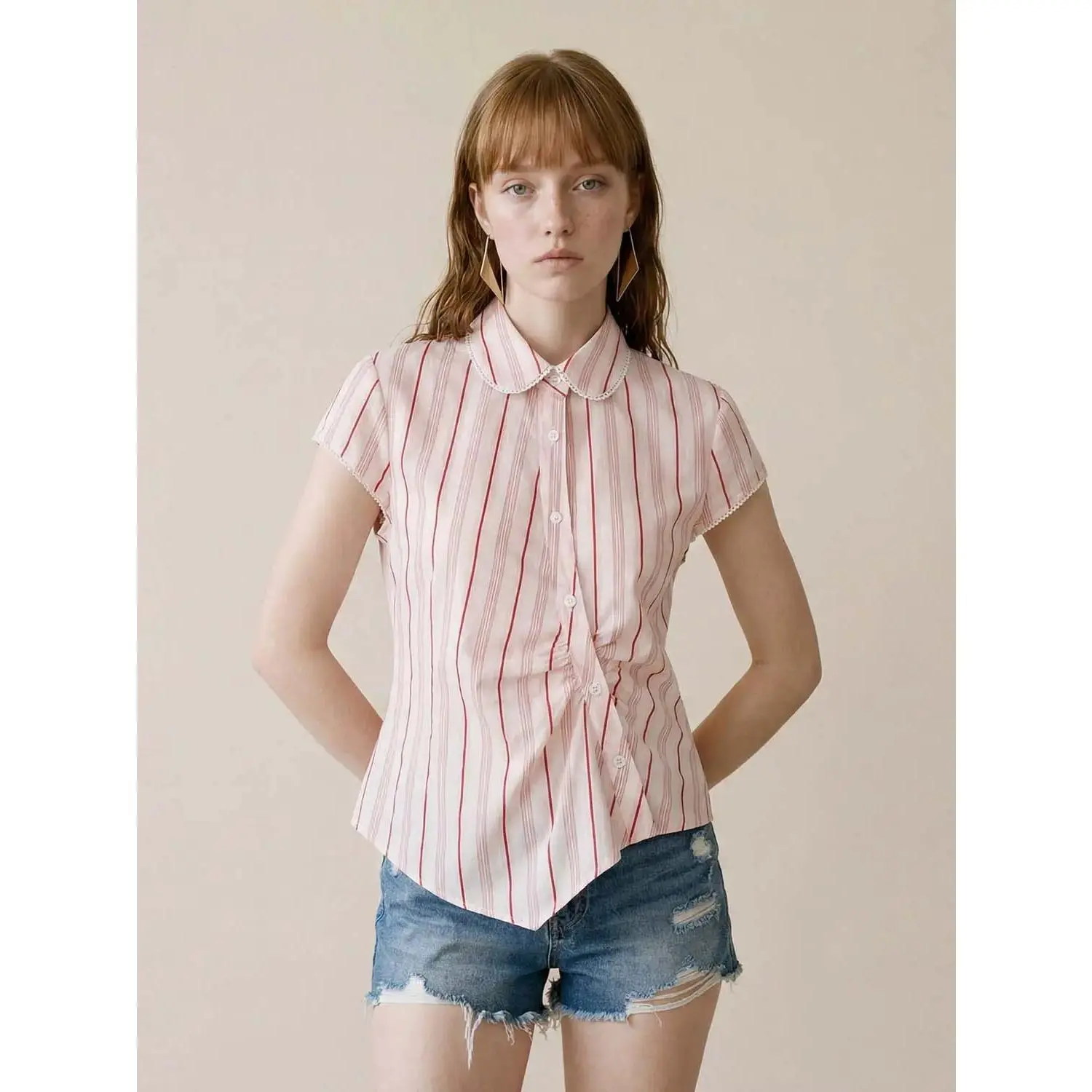 URBAN REVIVO Women's Striped Soft Lyocell Fabric Top, Elegant Collared Blouse with Short Sleeves for Everyday Wear, Casual Wear, Shortsleeve, Elegance, Lady, Dress Casual, Ready To Wear