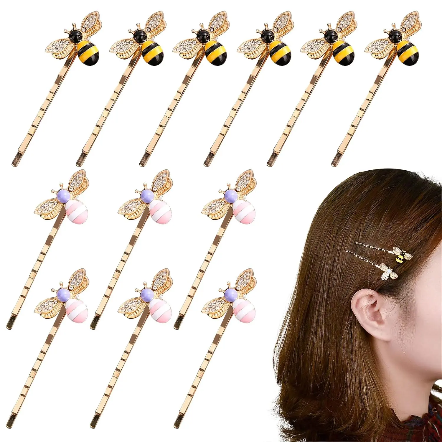 Luckycivia 12 count Metal Cute  Hairpin, Exquisite Alloy   Hair Side Clips, Honeybee Hair Accessories for for Women Girls and Teen (2 Colors)