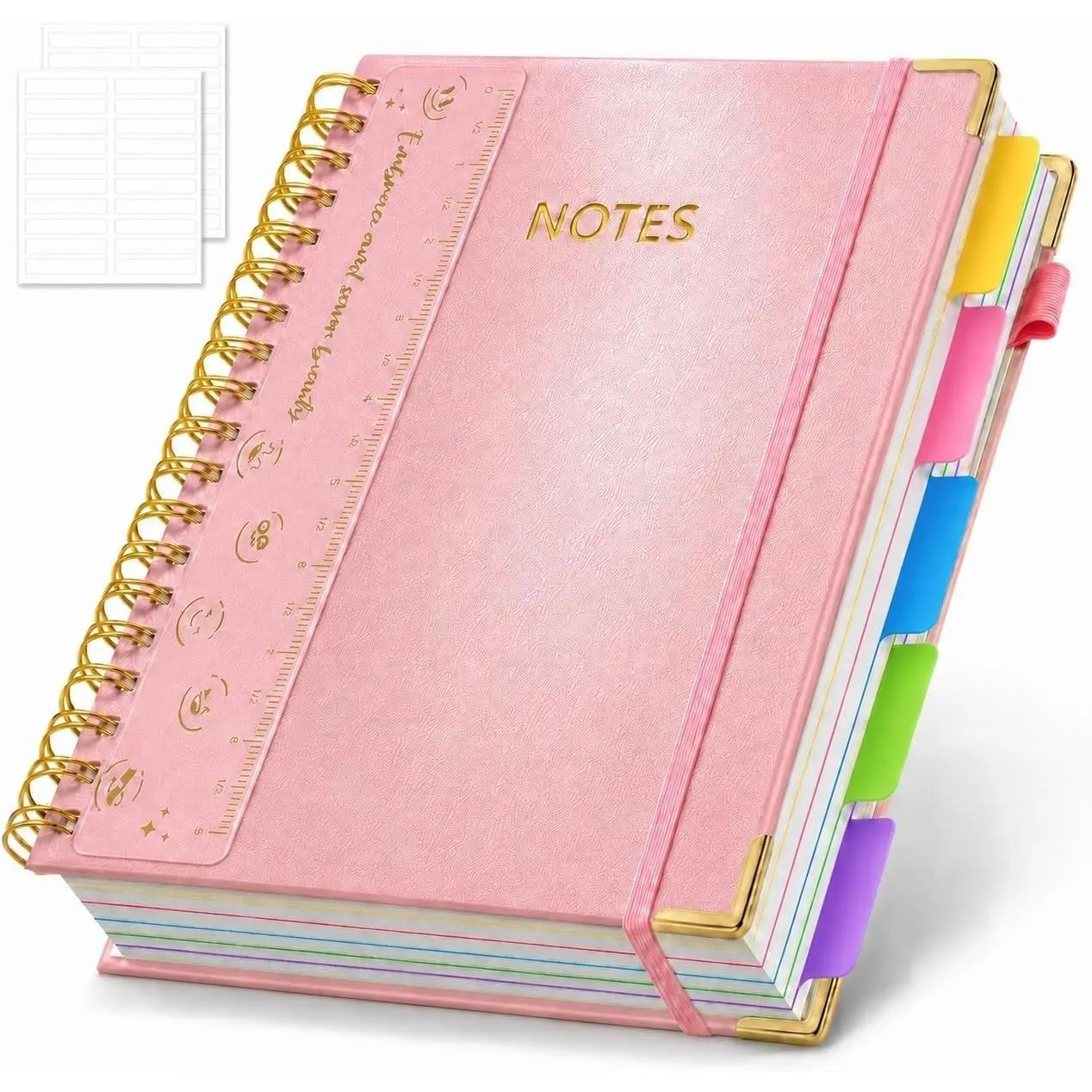Pink Hardcover Spiral Notebook Journal, 8"x10" Large B5 5 Subject Notebook with Removable Dividers Tabs, 300 College Ruled Pages, Leather Lined Journal for Women Work School Note TakingGift