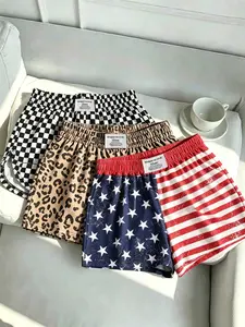 3-Pack Summer New Women's Fashion Full-Print Casual Shorts, Y2K Elastic Waist Boxing Shorts, Loose-Fitting Striped Pattern, Unlined Plain Surface