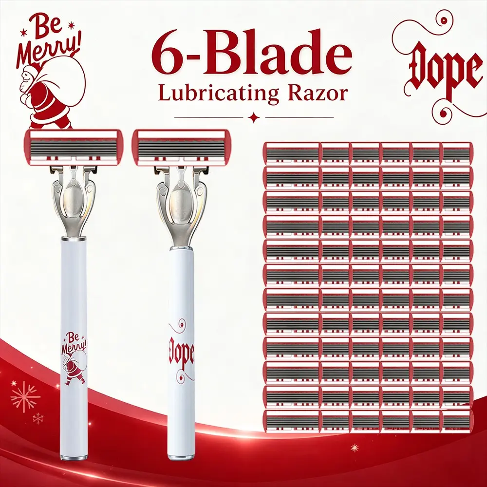 [2pcs 72 Blades] 6-Layer Lubricated Manual Razor Set | White Base with Red 'Be Merry!' Santa & 'Dope' Art Font Two-Tone Handle | Perfect for Bathroom or Travel | Smooth Glide, Gentle on Skin | Women's Replacement Blade Combo