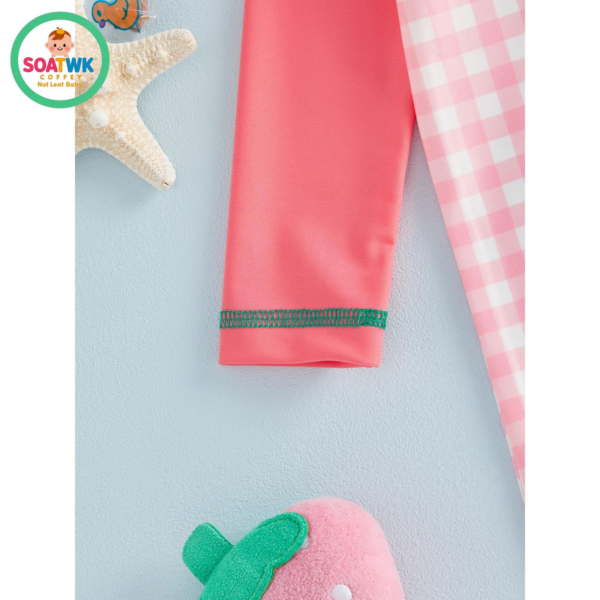 Toddler Girls Rash Guard Swimsuit Playsuits Strawberry Embroidery Plaid Print Long Sleeve Baby Bathing Suit with Sun Hat