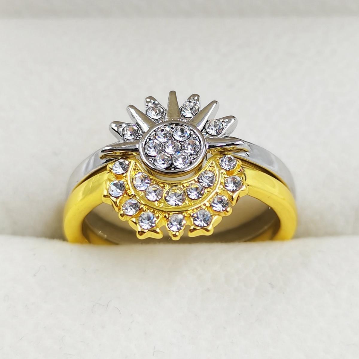 European American Simple Shiny Sun Moon Blue Inlaid Crystal Celestial Couple Stackable Ring Set