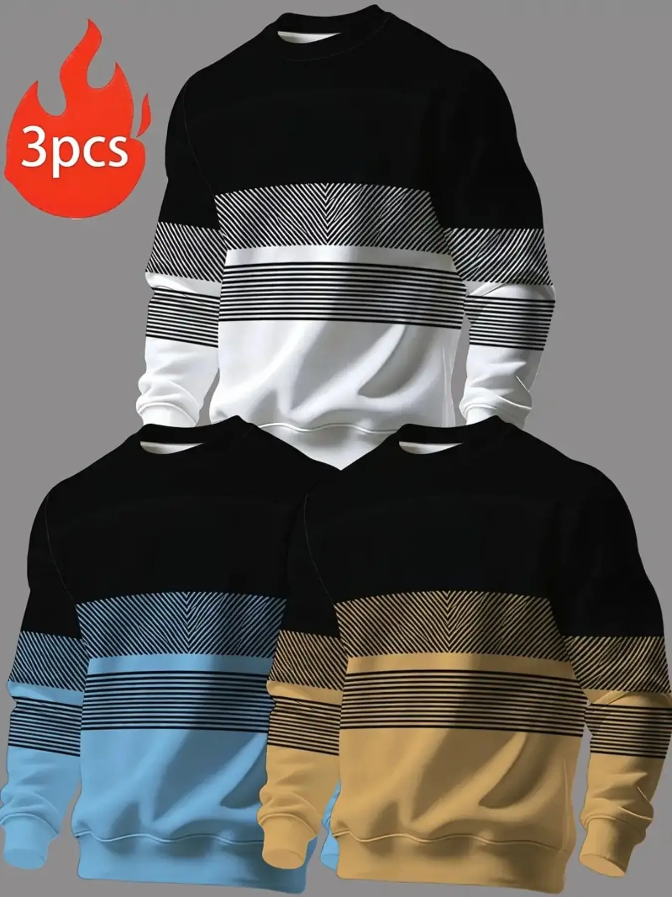 Men's Fashion Sweatshirt Set, Colorblock Print, Casual Round Neck, Slim-Fit, Three-Piece Set, Perfect for Daily Wear, Versatile