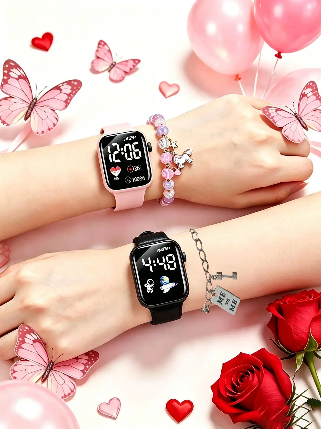 4-piece fashionable square heart LED electronic watch for couples, trendy and casual personalized set