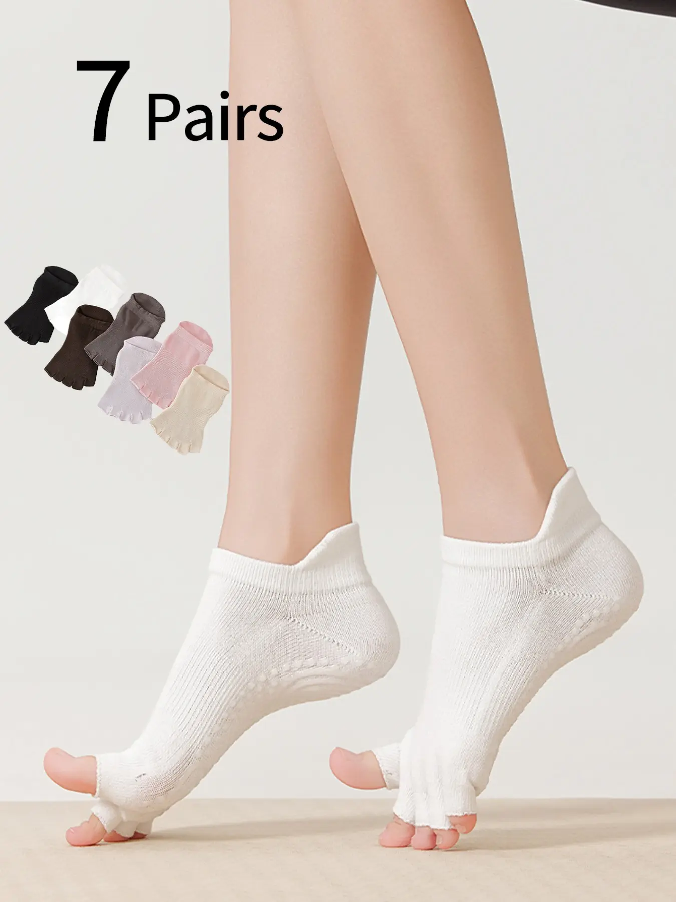 7 Pairs Women's Ankle Socks, Open-Toe Five Fingers Yoga Socks, Lightweight Breathable, Anti-Slip Pilates, Sporty Slim-Fit
