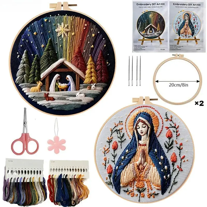 Christmas Nativity Cross Stitch DIY Kit for Beginners, Fashion Accessory Set with Plastic Embroidery Hoop, 28x28cm Pre-Printed Fabric Embroidered Cloth Needlework Supplies