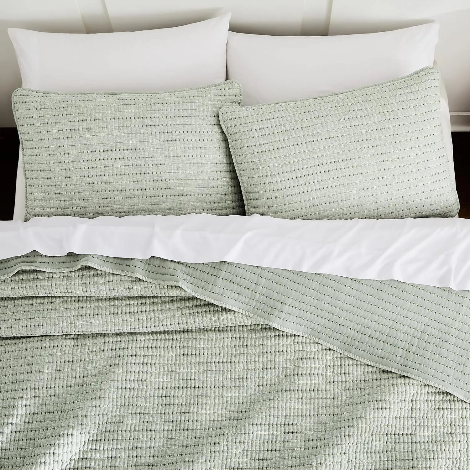 Sage Green Pick   Size Quilt Set, Striped Lightweight Soft Summer Spring Bedspread,  Linen Like Textured Coverlet, Chambray  Country Rustic Thin Bedding Comforter
