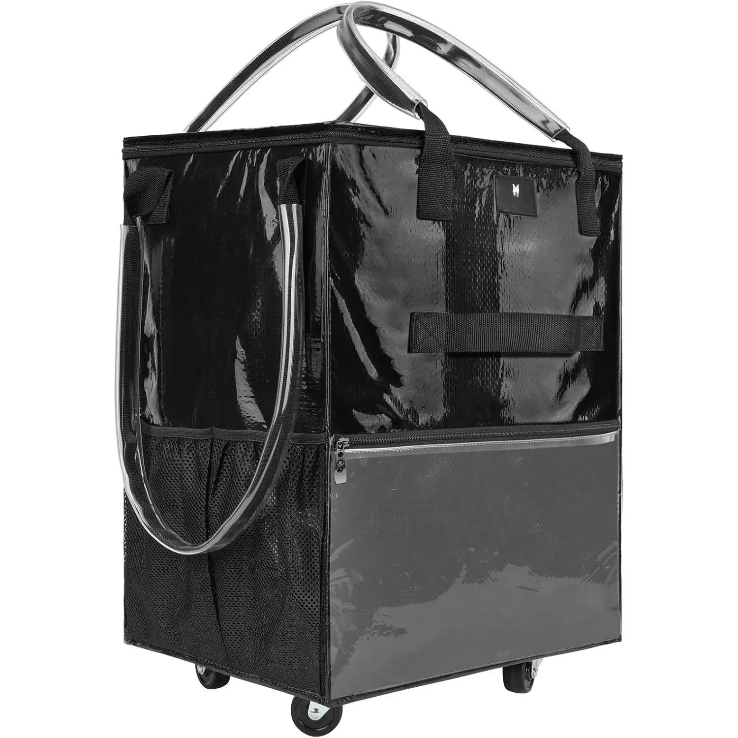 Synthetic 70L Foldable Rolling Grocery Tote with Wheels - 6 Pockets, 3-Way Carry, Heavy Duty Handle, Zippered Top, Storage Organization, Grocery Hauls, Collapsible Shopping Trolley, Medium, Black