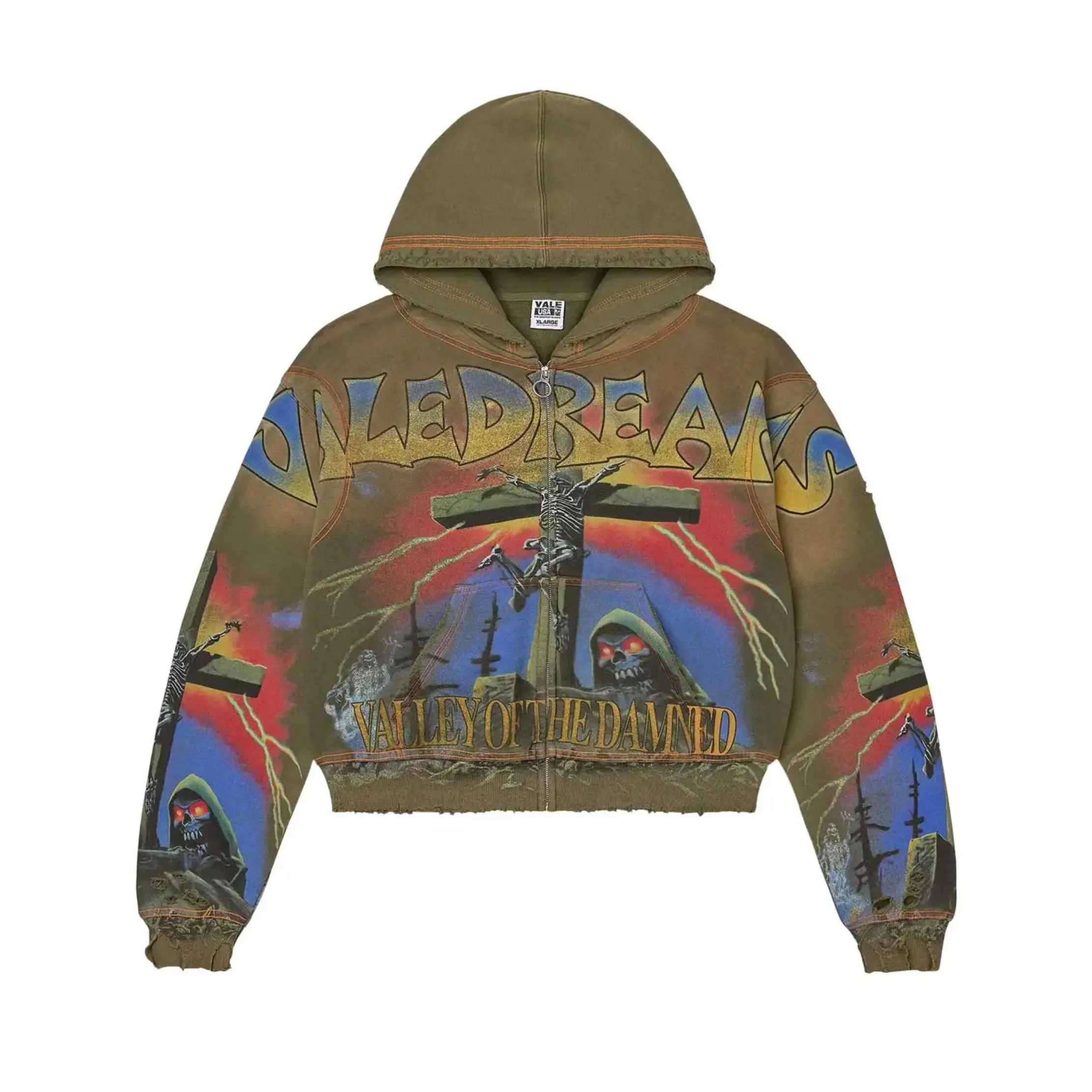 VALE DREAMS Valley Of The Damned Skeleton Full Print Vintage Washed Zip Up Hoodie 100% Cotton Loose Oversized Y2K Heavy Metal Sweatshirt Jacket Top Unisex
