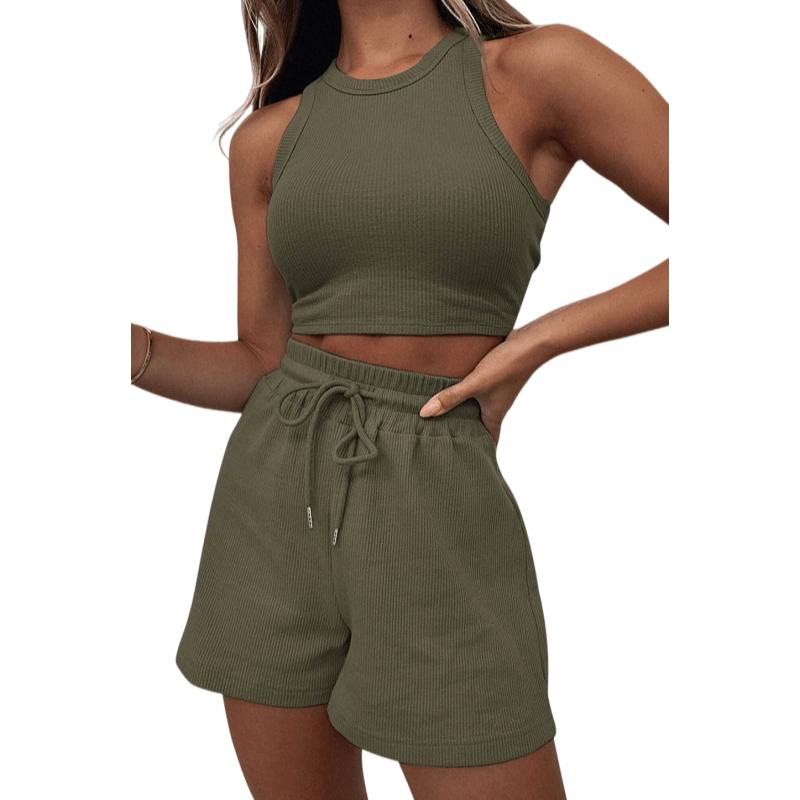 Women's 2-Piece Waffle Knit Lounge Set - Crop Tank Top & Drawstring Shorts Outfit