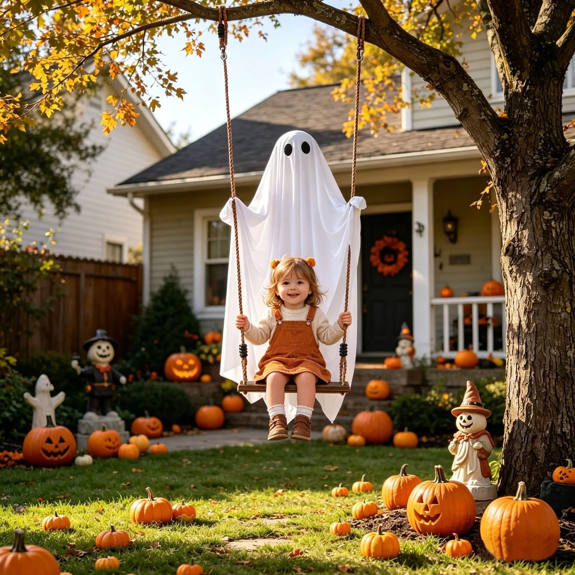 1pc Swinging White Ghost Hanging Ornament, Halloween porch and yard ghost swing decoration that can hold people, indoor and outdoor Halloween party home decor