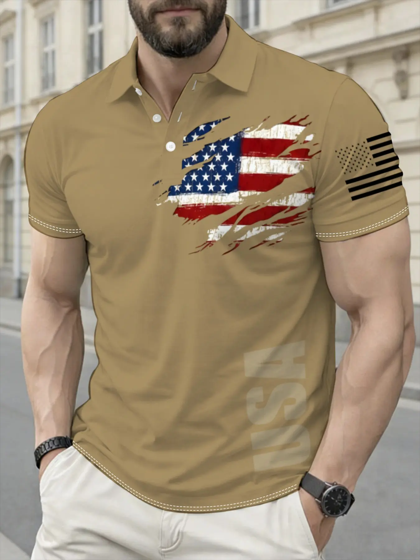 Men's Flag Fashion Print Shirt, Athletic Shirt, Casual Short Sleeve, Geometric Design, Fitted Style, Suitable for Sports and Leisure, All Seasons, Athletic Polo Shirt, Casual Athletic Wear, Printed Polo Shirts