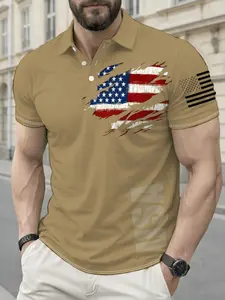 Men's Flag Fashion Print Shirt, Athletic Shirt, Casual Short Sleeve, Geometric Design, Fitted Style, Suitable for Sports and Leisure, All Seasons, Athletic Polo Shirt, Casual Athletic Wear