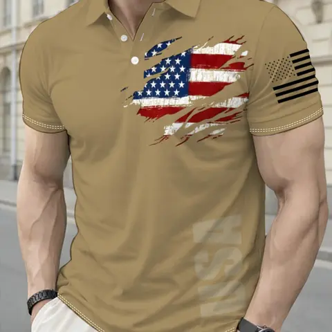 Men's Flag Fashion Print Shirt, Athletic Shirt, Casual Short Sleeve, Geometric Design, Fitted Style, Suitable for Sports and Leisure, All Seasons, Athletic Polo Shirt, Casual Athletic Wear, Printed Polo Shirts