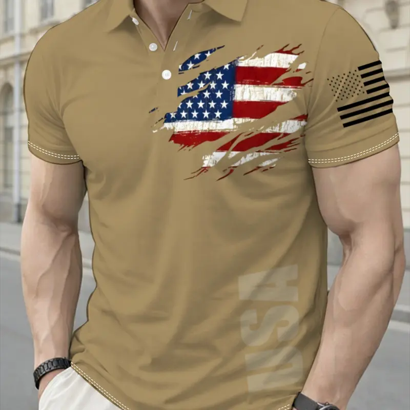 Men's Flag Fashion Print Shirt, Athletic Shirt, Casual Short Sleeve, Geometric Design, Fitted Style, Suitable for Sports and Leisure, All Seasons, Athletic Polo Shirt, Casual Athletic Wear, Printed Polo Shirts
