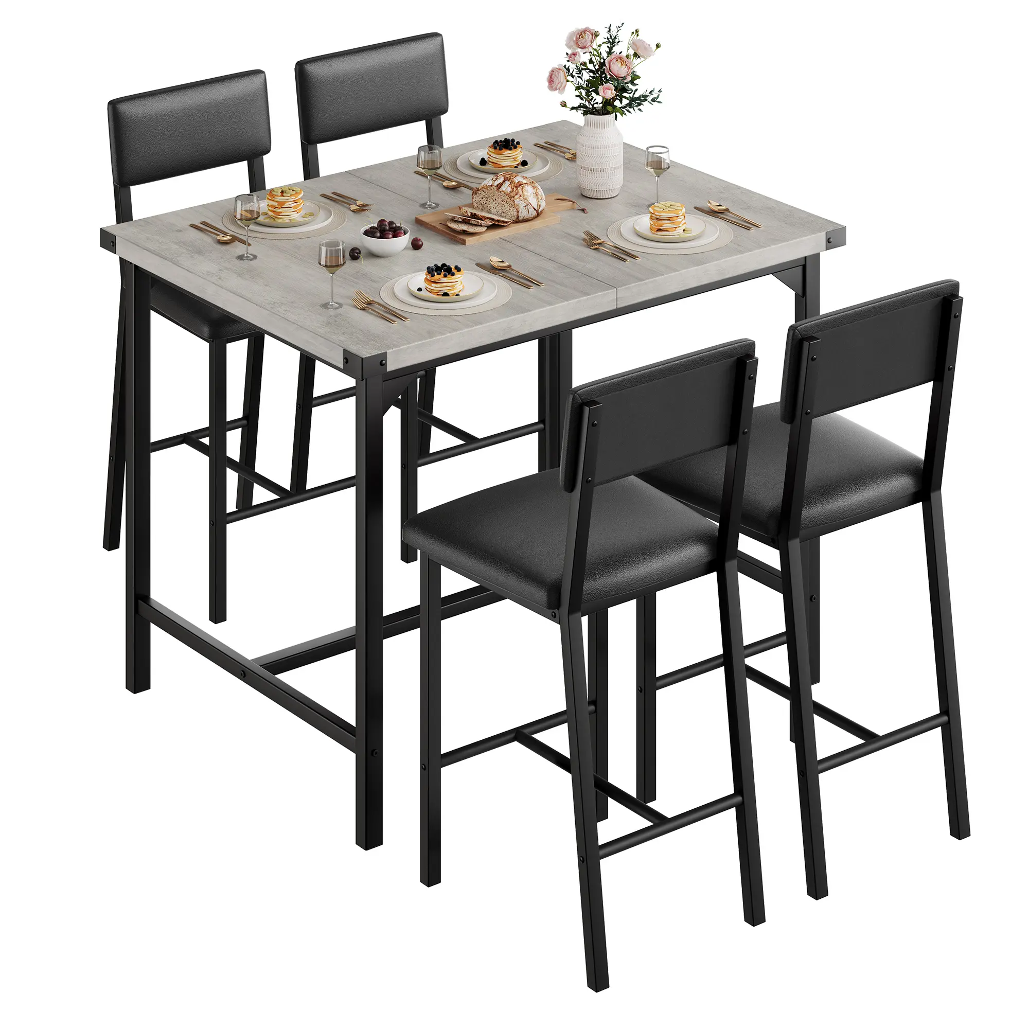 Garvee Space-Saving 5-Piece Counter Height Dining Table Set – Modern Dining Room Furniture, 1 Table & 4 Upholstered Bar Stools, Footrest, Corner Protector – Perfect for Kitchen, Apartment, or Pub – Rustic Gray/Classic Black