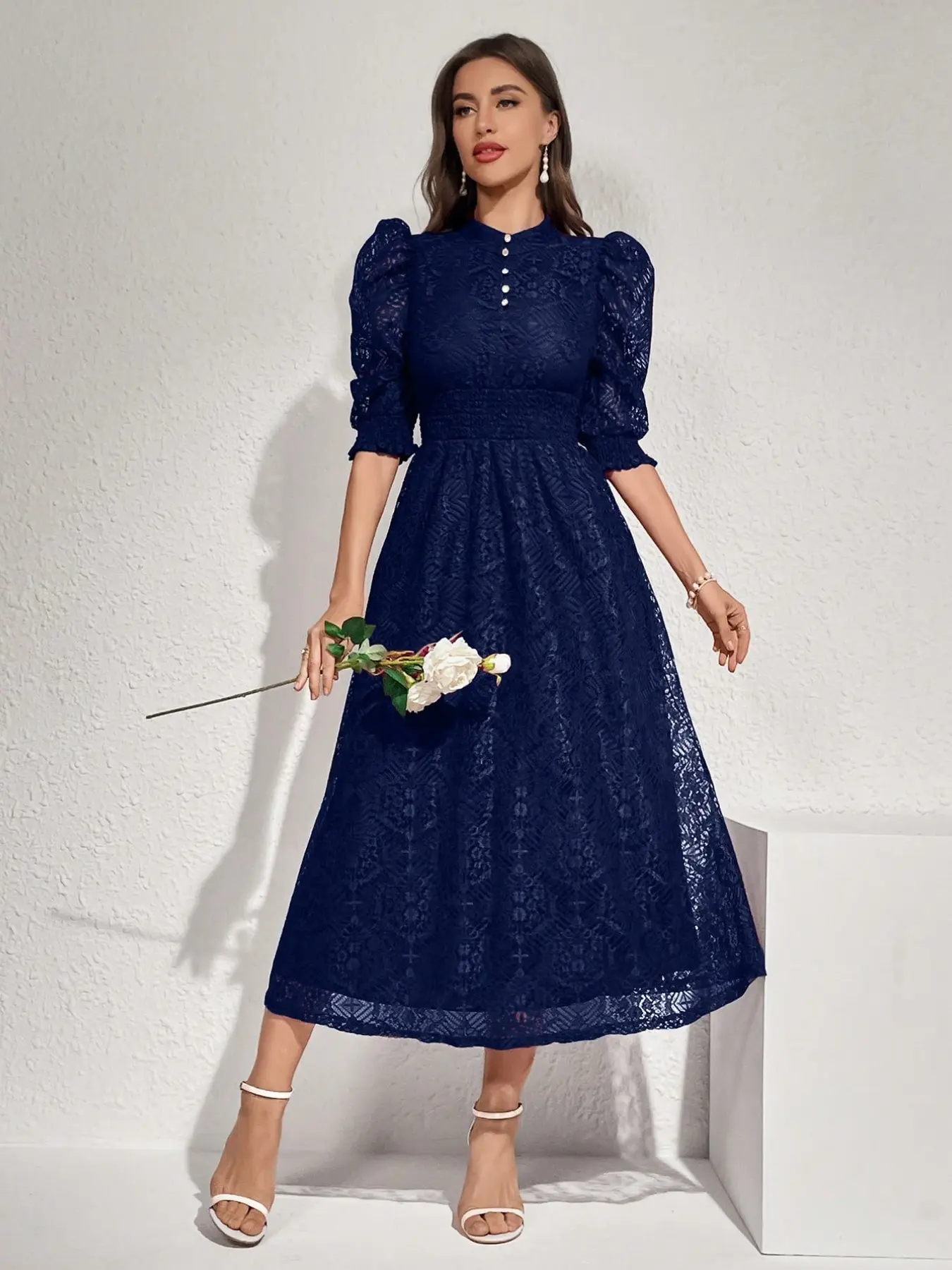 Stand Collar Bubble Sleeve Dress, Elegant Chic Hollow Out Design, Pearl Button Decor, Waist Cinch Long Dress, Fall Winter New Arrival