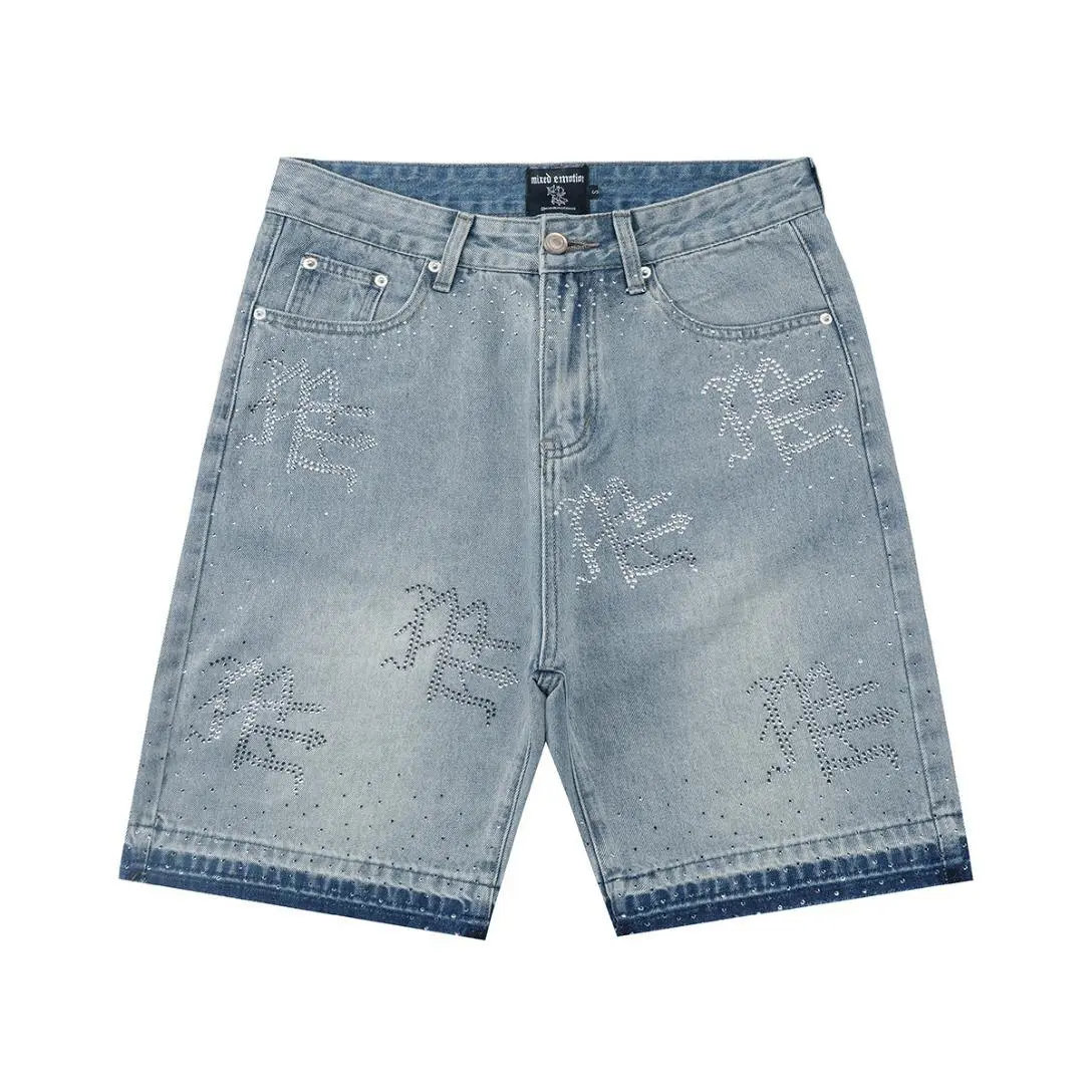 Men's Casual Baggy Denim Shorts, Retro Streetwear Style with Rhinestone Logo, Soft Knee-Length Essential Bottoms for Music Festivals, Wide Leg, Menswear