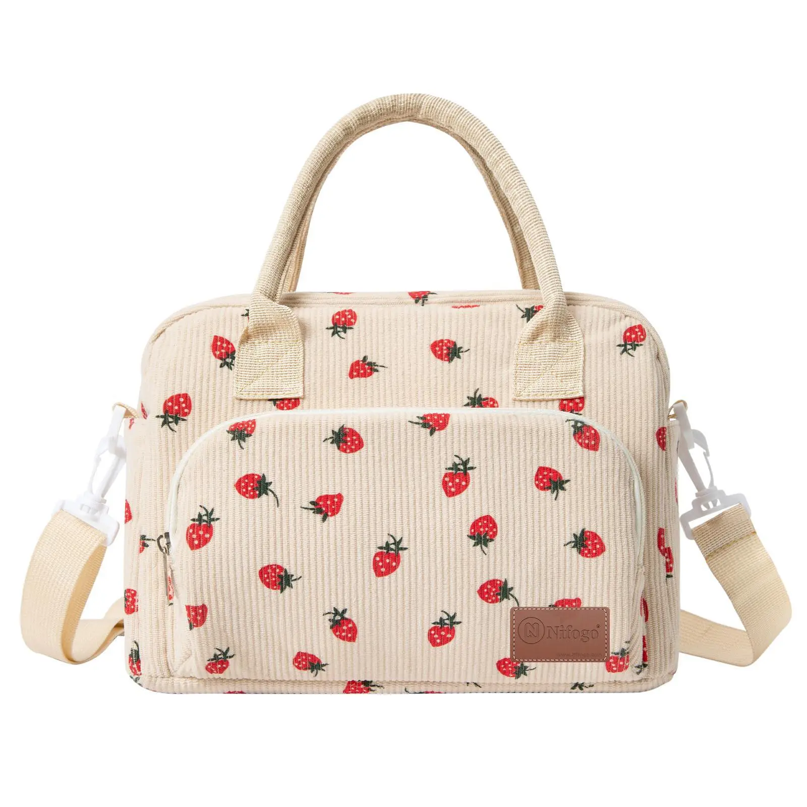 Lunch Bag Large Insulated Lunch Box for Women Adult Cute Beige Strawberry Lunchbox Corduroy Lunch Bags Boxes Pail with Shoulder Strap for Work Mom Picnic Office Travel