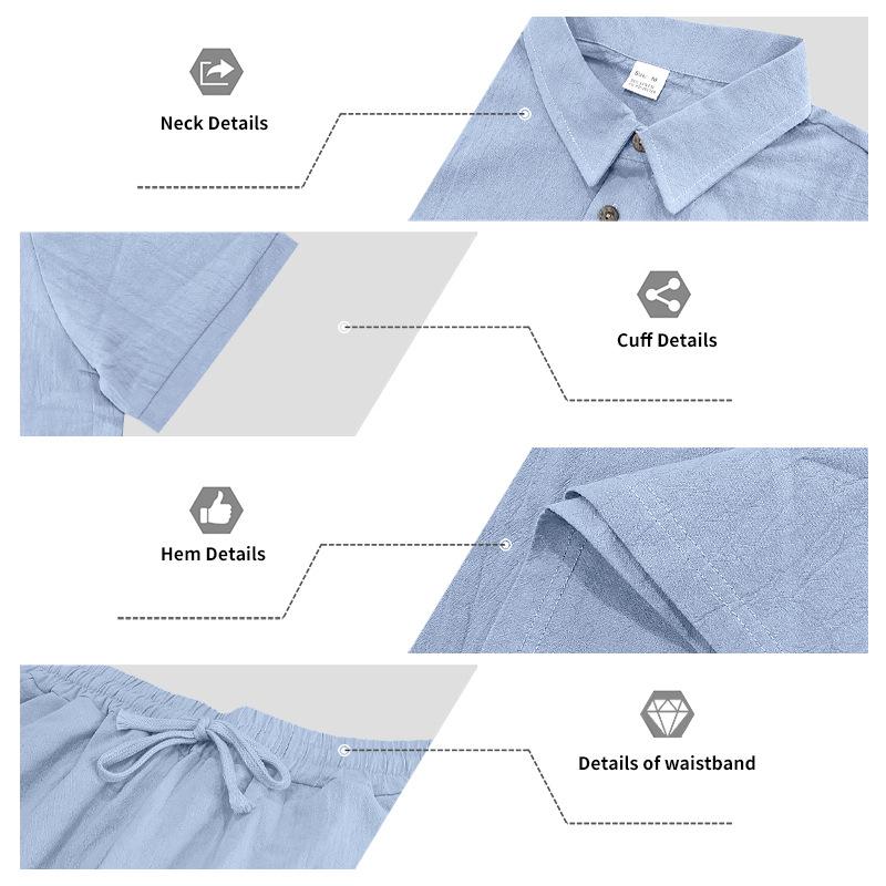 Men&rsquo;s Linen Beach Two Piece Set, Casual Short Sleeve Button Down Shirt and Loose Long Pants Set, Lightweight Breathable Summer Outfit, Relaxed Fit Drawstring Loungewear for Vacation Travel Resort Daily Wear Comfortable Stylish