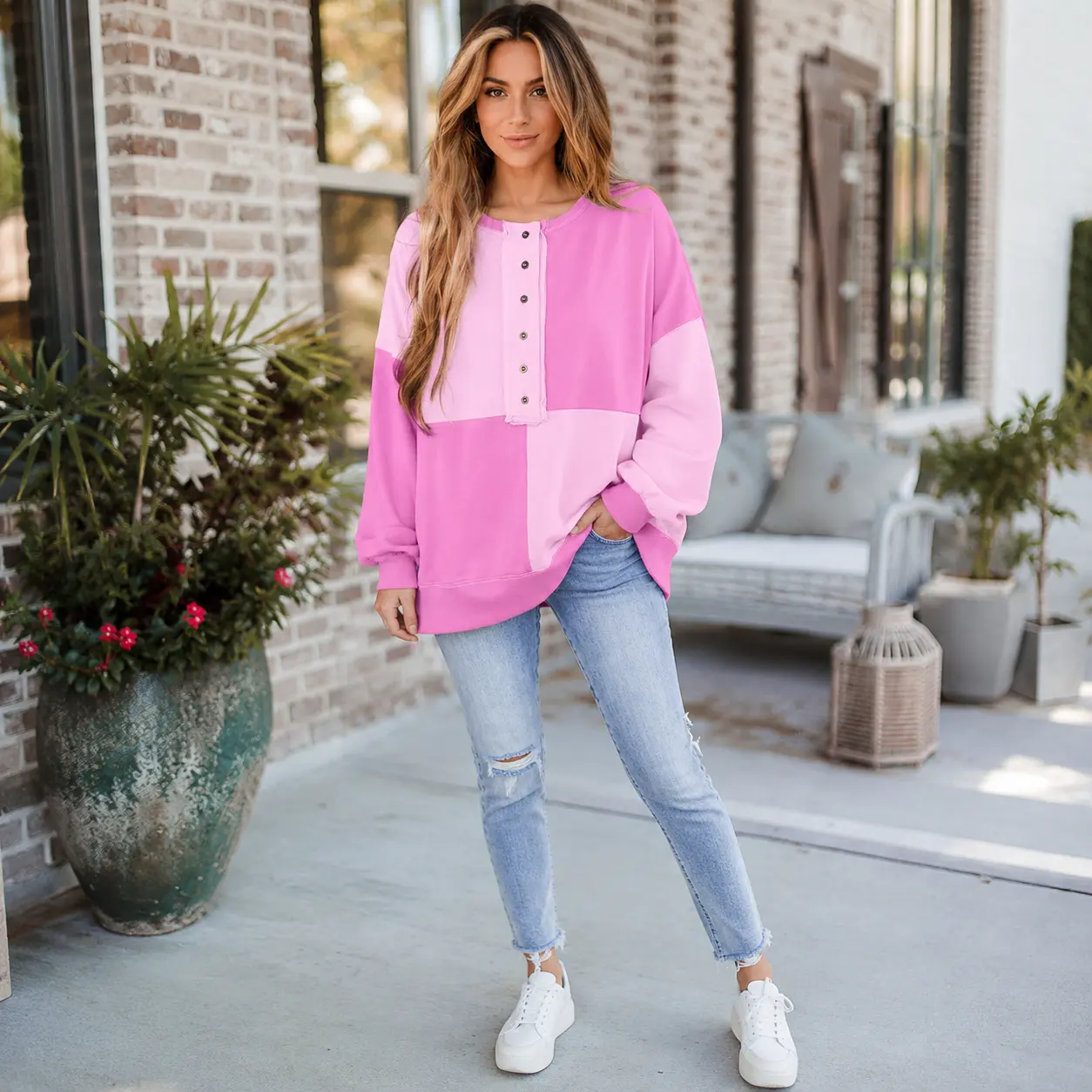 Women's Adjustable Colorful Waffle Knit Sweatshirt - Comfortable Everyday Fabric Long Sleeve Tunic, Casual Oversized Patchwork Top with Half-Button, Side Split, Exposed Seam, Back to School