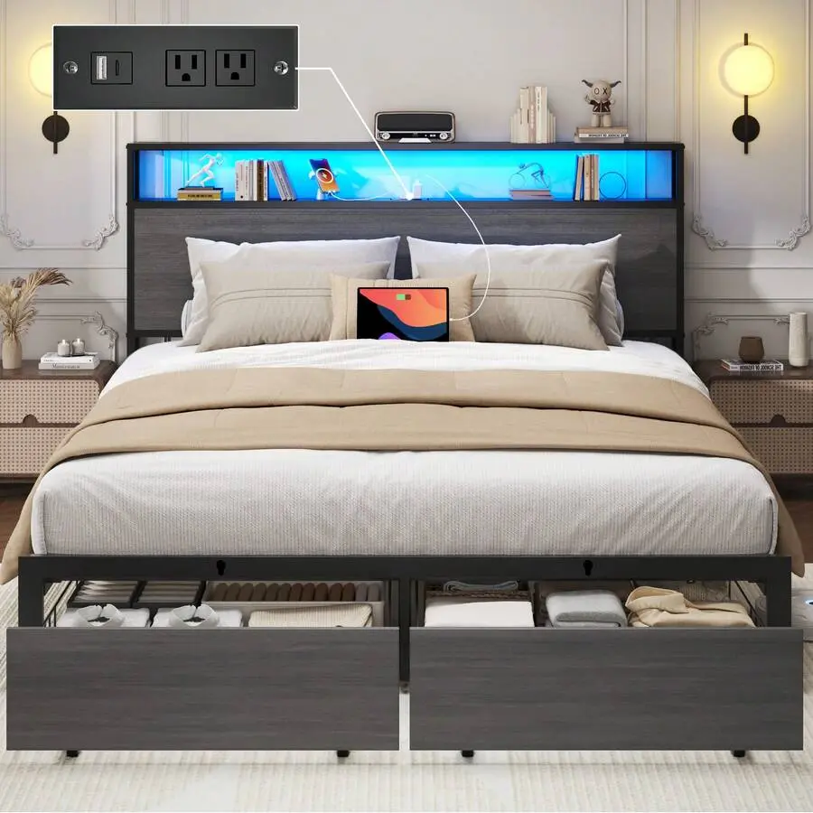 Rustic Grey Queen & Full Size Bed Frame with Storage Underneath, 2-Tier Storage Headboard, Built-In Drawers, Metal Platform with USB Charging Station & LED Lights, Noise-Free, No Box Spring Needed, Easy Assembly, Bedroom Furniture, Bed With Storage Undern
