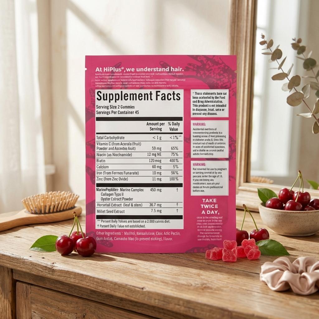 HiPlus 2-pack Women's Hair Gummies with Collagen Biotin Zinc Vitamin C & Iron Supports Hair Strength and Volume for Thinning Hair Vegan Healthcare Daily Wellness Pineapple Flavor