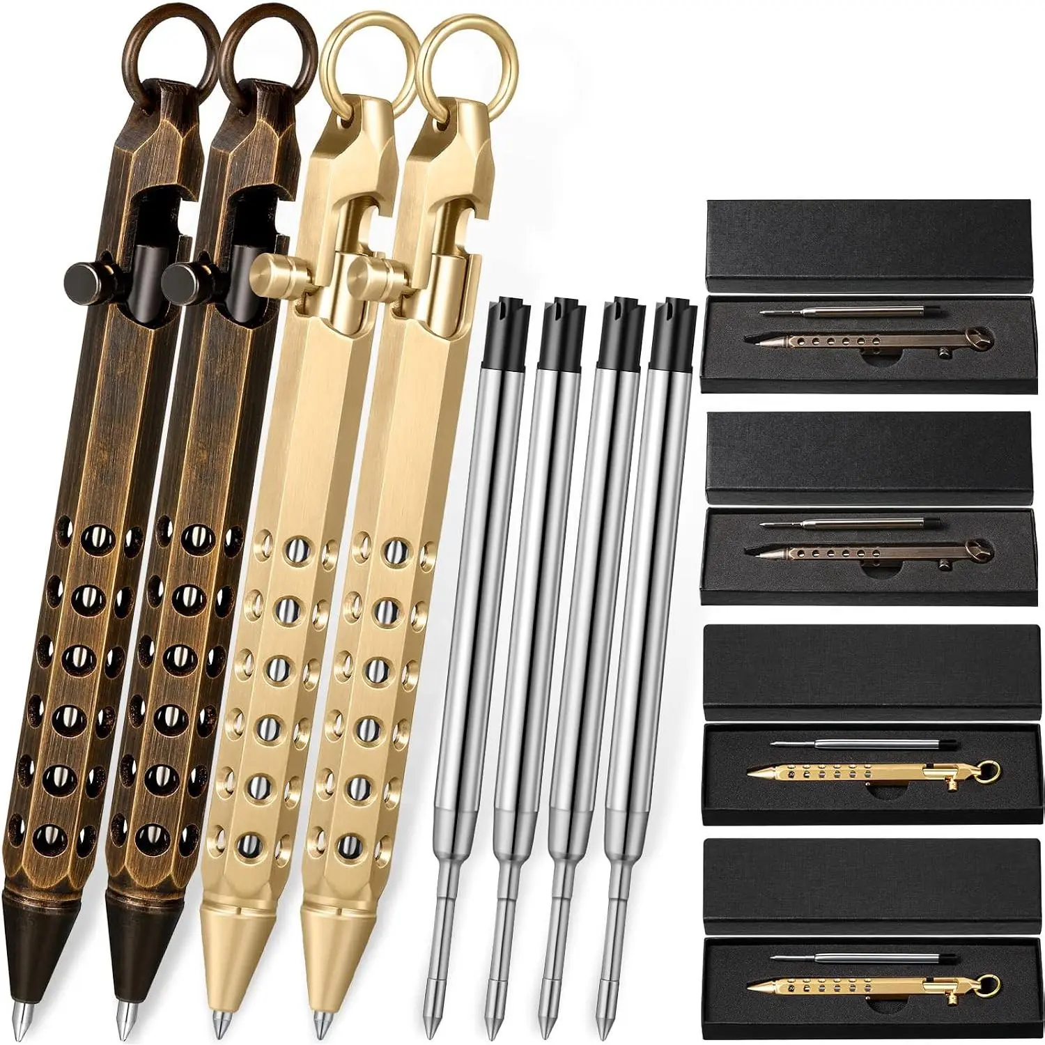12 count Bolt Action Pen Sets  for Men 4 Hexagon Solid Brass Pens 8 Ink Refills Edc Pen Signature Pocket Size with 4  Box for Father's Day(Brass, Retro Black)