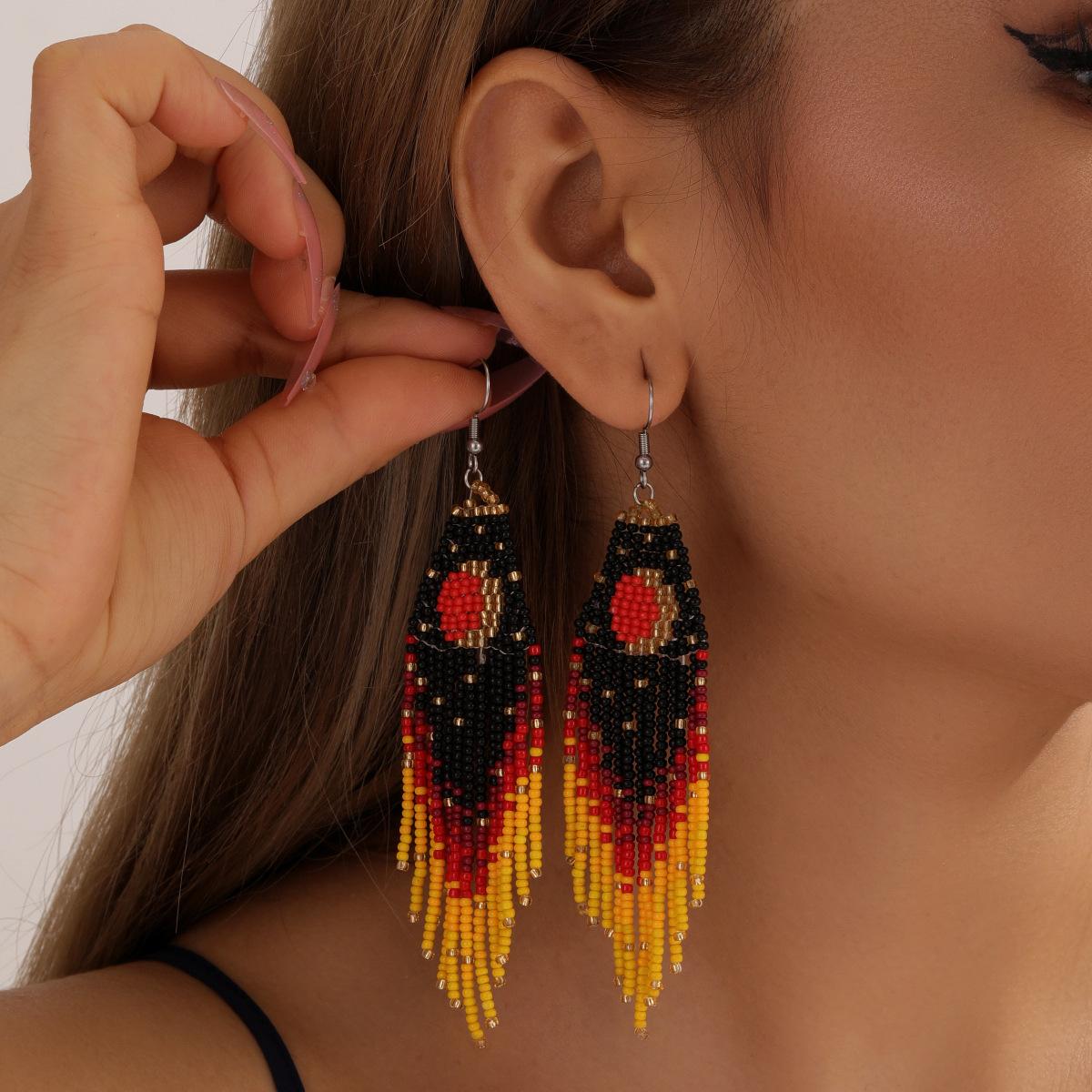 Beaded Tassel Earrings — Moon Motif, Woven Seed Beads | Women's Fashionable Commute-Style Earwear | Light Luxury, High-End Aesthetic