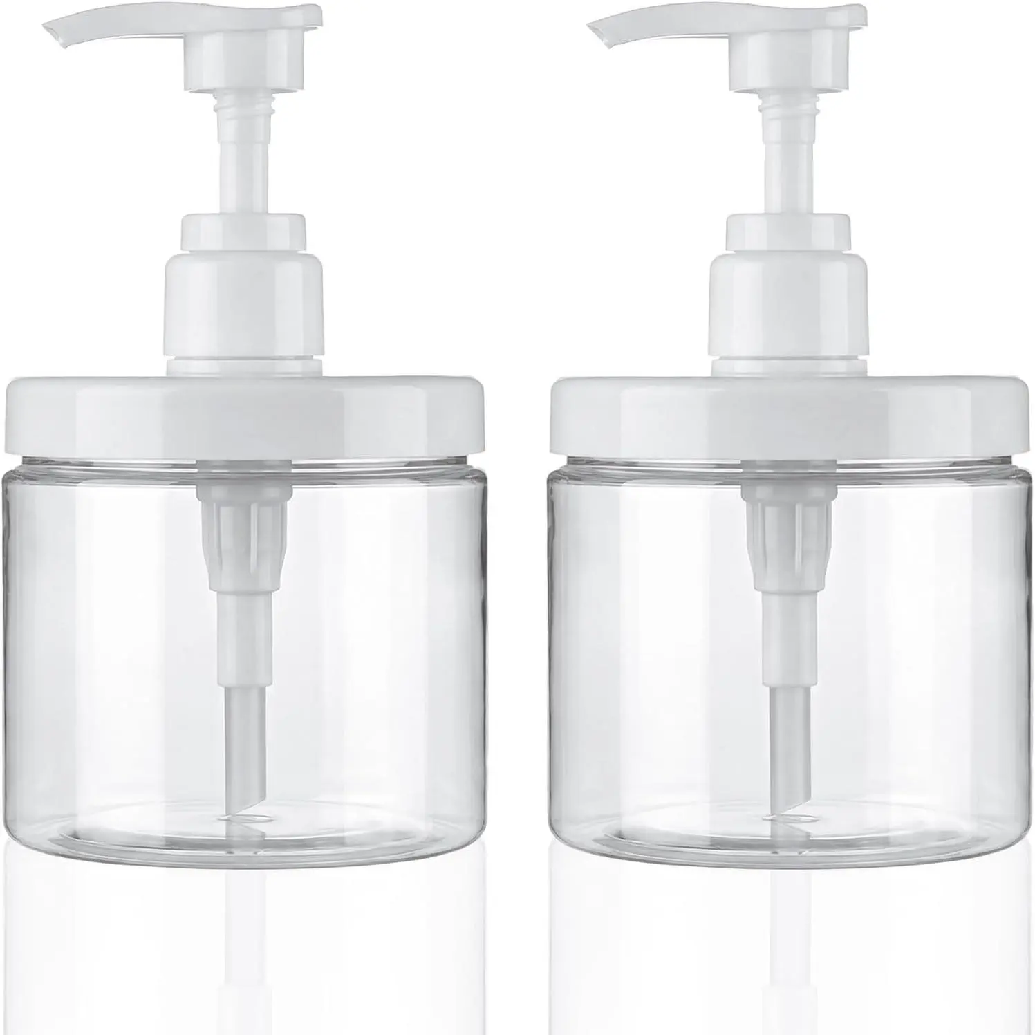 Pump Bottle Dispenser Plastic 500ml Refillable Bottles | Wide Mouth Jar Style with Pump, Empty Bathroom Shower Containers, for Lotion, Shampoo, Conditioner, 2Clear