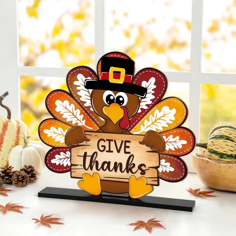 Thanksgiving Turkey Wooden Tabletop Sign, Colorful Pattern Feather Give Thanks Turkey Pumpkin Table Centerpiece Decor, Farmhouse Rustic Wooden Tiered Tray Ornament for Fall Harvest Kitchen Mantel Dining Table Party Decorations
