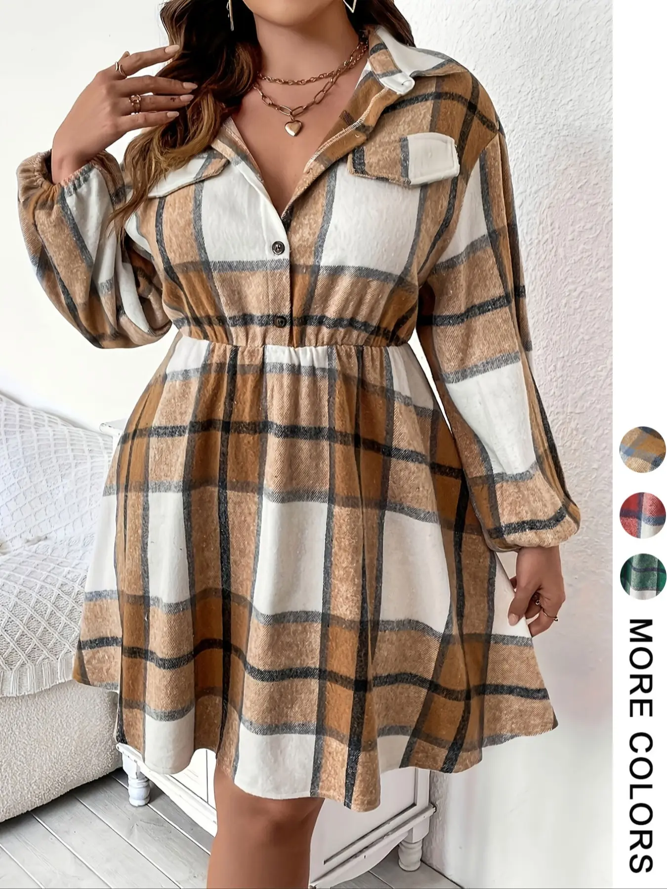 Plus Size Women Plaid Print Dress Long Sleeve Collared Shirt Dress A Line Casual Loose Fit Fall Winter Outfit