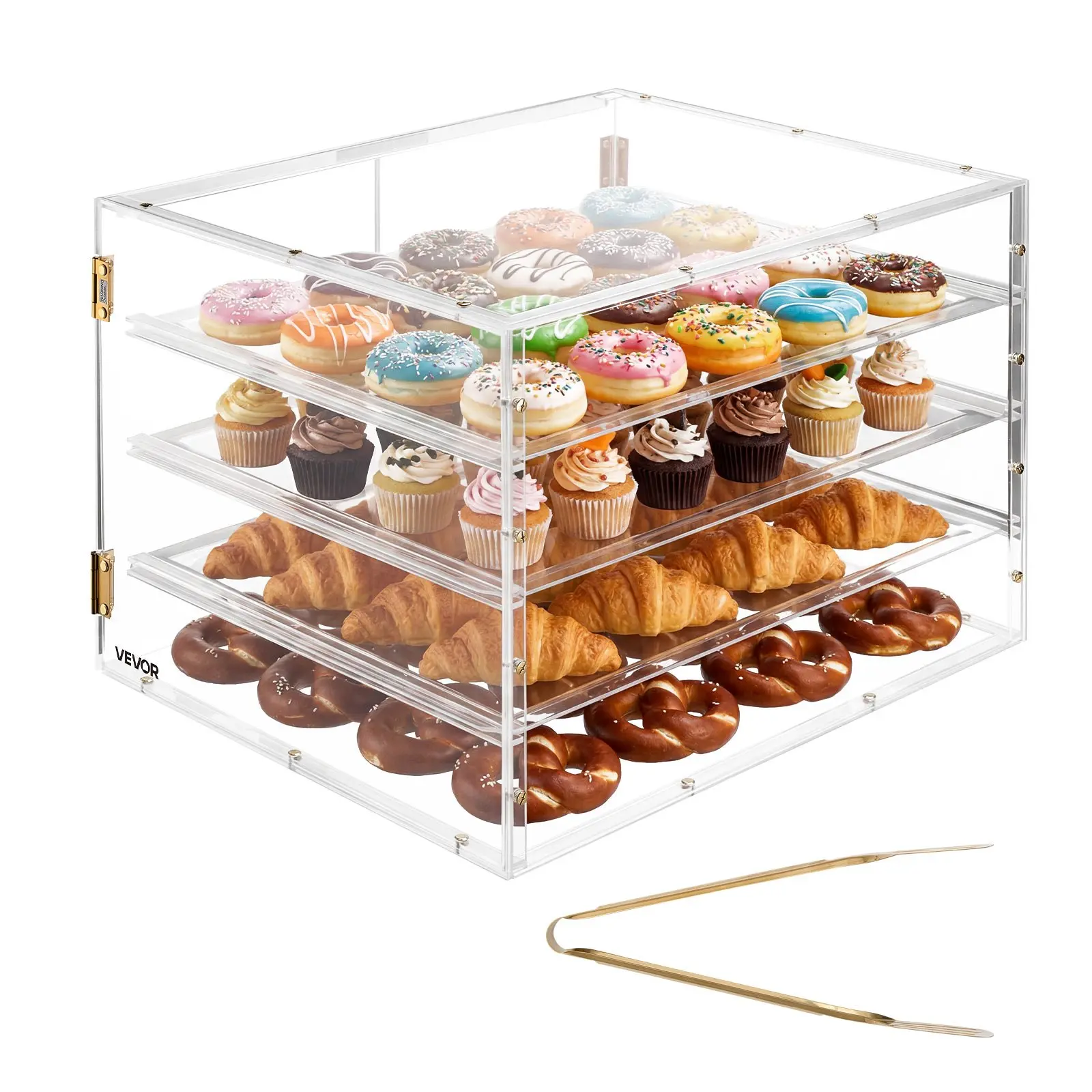 VEVOR Bakery Display Case, 4-Tier Commercial Countertop Pastry Display Case, Clear Acrylic Bread Box for Kitchen, Party Cake Cabinet with Magnetic Rear Door for Cookie Dessert Donut, 22.4"x17.3"x15.9