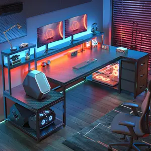 71" L Shaped Gaming Desk with 3 Drawers & Hutch,Computer Desk with Monitor Stand & Power Outlet,Home Office Desk Reversible Black Desk with LED Light,Printer Shelf for Home Office,Black Carbon Fiber