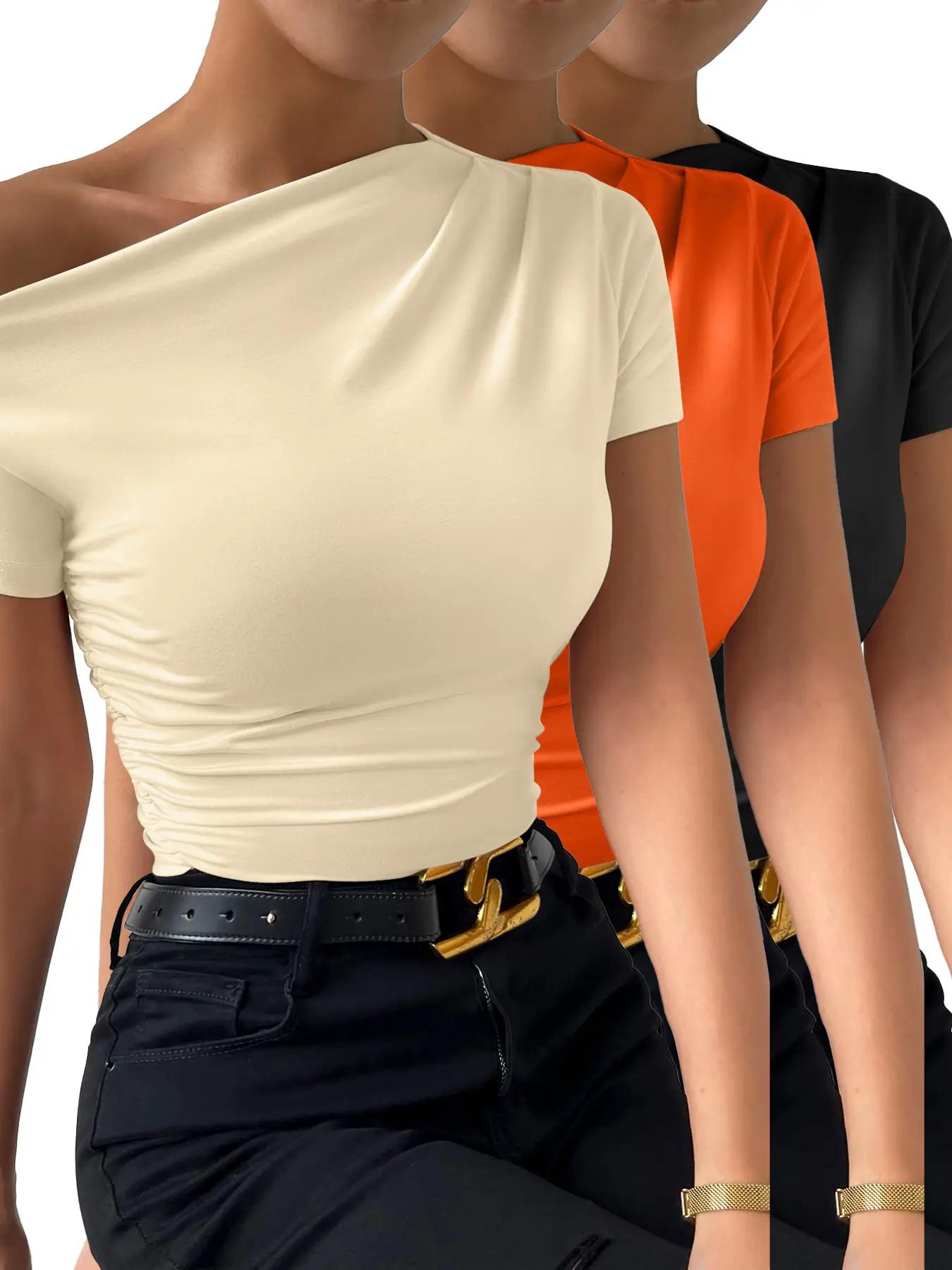 Women's Plain Ruched Asymmetrical Neck Tee, Casual Basic Short Sleeve T-shirt for Summer, Ladies Clothes for Daily Wear, Womenswear Tops