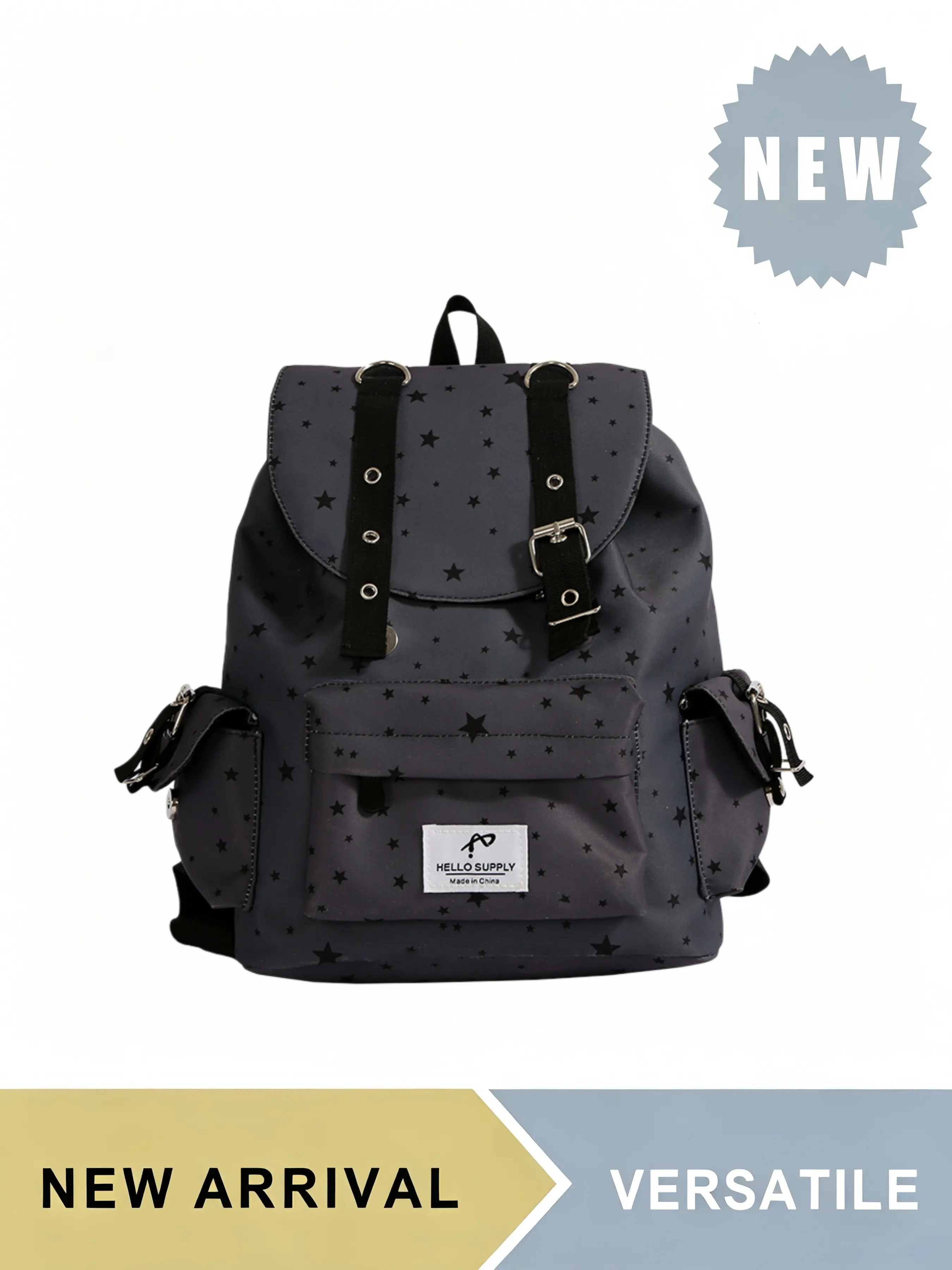 Star Print Drawstring Backpack with Buckle Straps for Women, Backpacks Women, Large Capacity Casual Daypack with Front & Side Pockets, School Bag for Hiking Travel Commute Daily Use, Adjustable Padded Shoulder Straps, Multiple Colors Available
