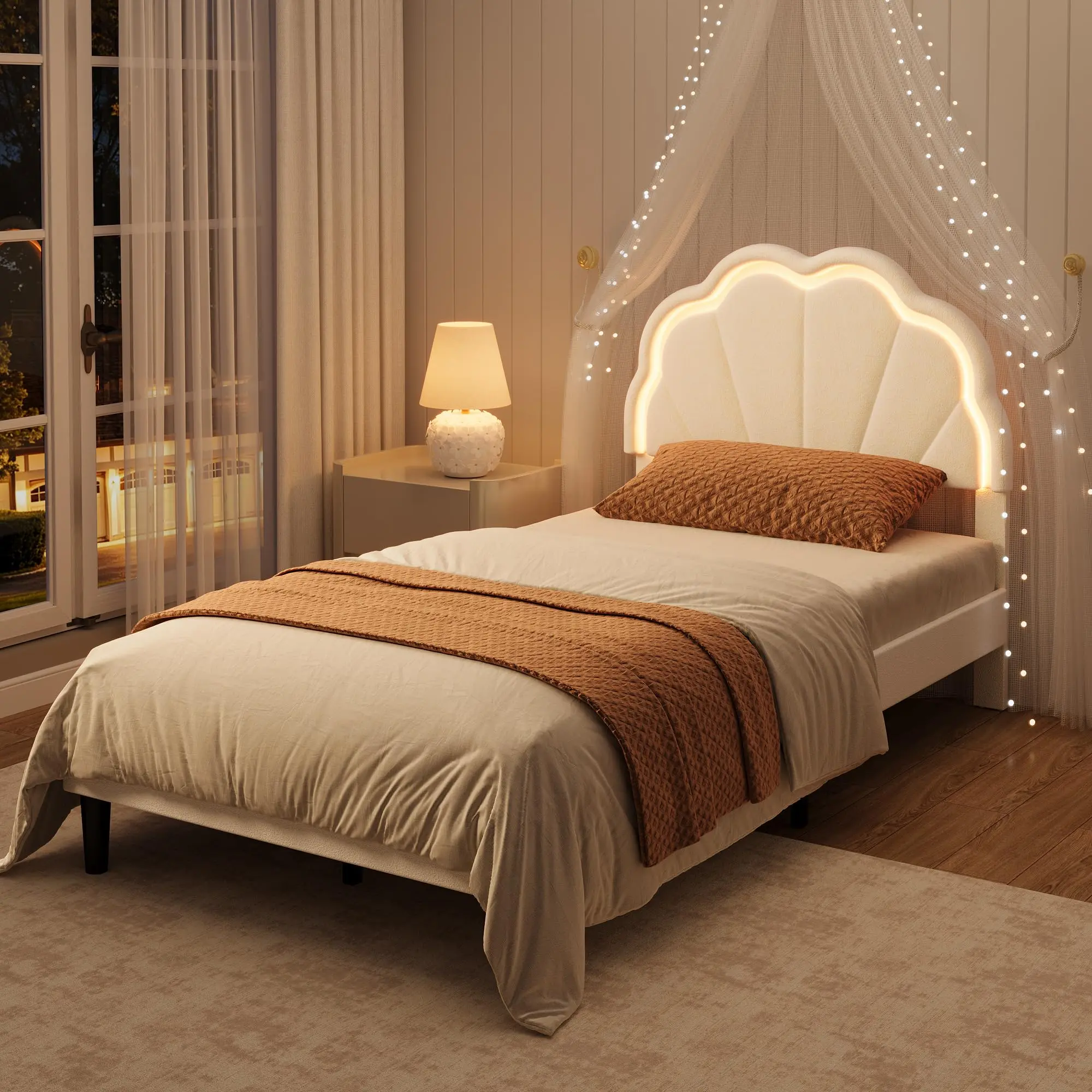 Garvee Velvet Sea Shell Upholstered LED Bed Frame - Adjustable Headboard, Under-Bed Storage, No Noise, No Box Spring Needed, Sturdy, Twin/Full/Queen Sizes, LED Lights, Full/Queen/Twin